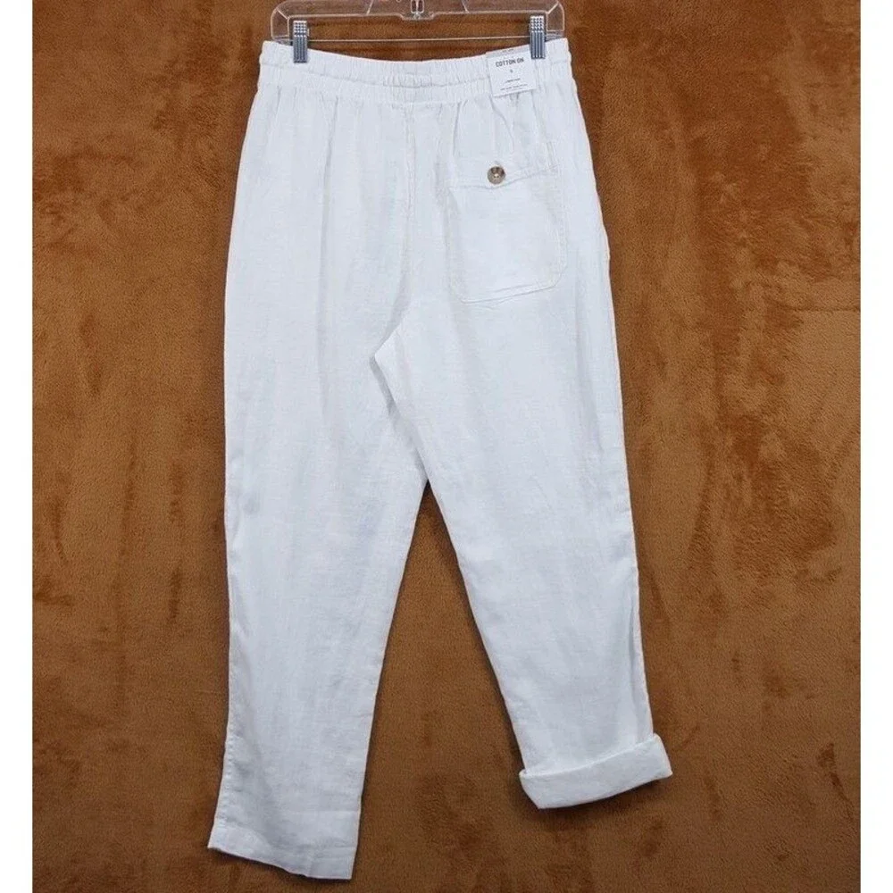 Cotton On Pants Mens Small White Drawstring 100% Linen Tapered Leg Pant